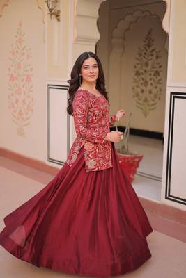 Maroon Simmer Free Size Stitched Lehenga Choli with Embroidery & Jequard Work 3