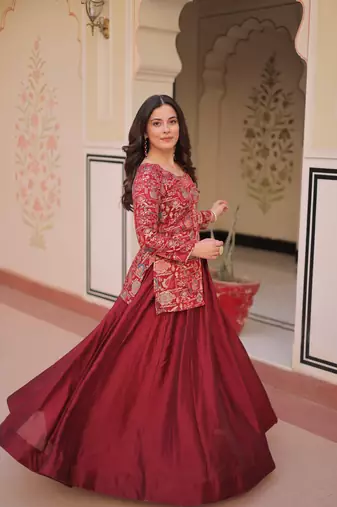 Maroon Simmer Free Size Stitched Lehenga Choli with Embroidery & Jequard Work