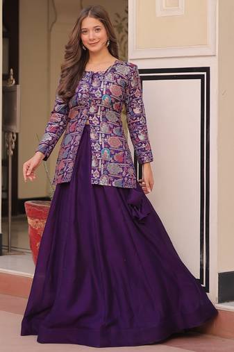 Purple Simmer Free Size Stitched Lehenga Choli with Embroidery & Jequard Work