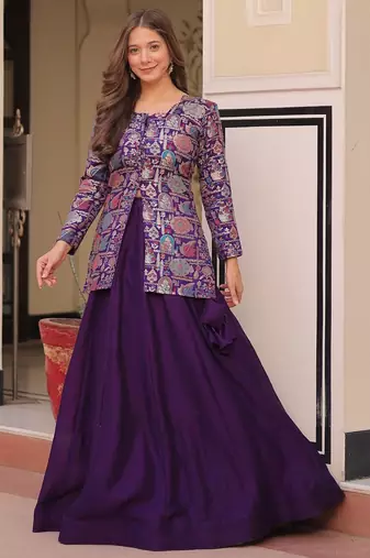 Purple Simmer Free Size Stitched Lehenga Choli with Embroidery & Jequard Work