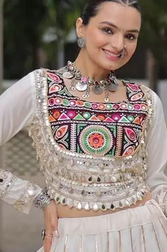 White Silk Free Size Stitched Lehenga Choli with Embroidery & Mirror Work