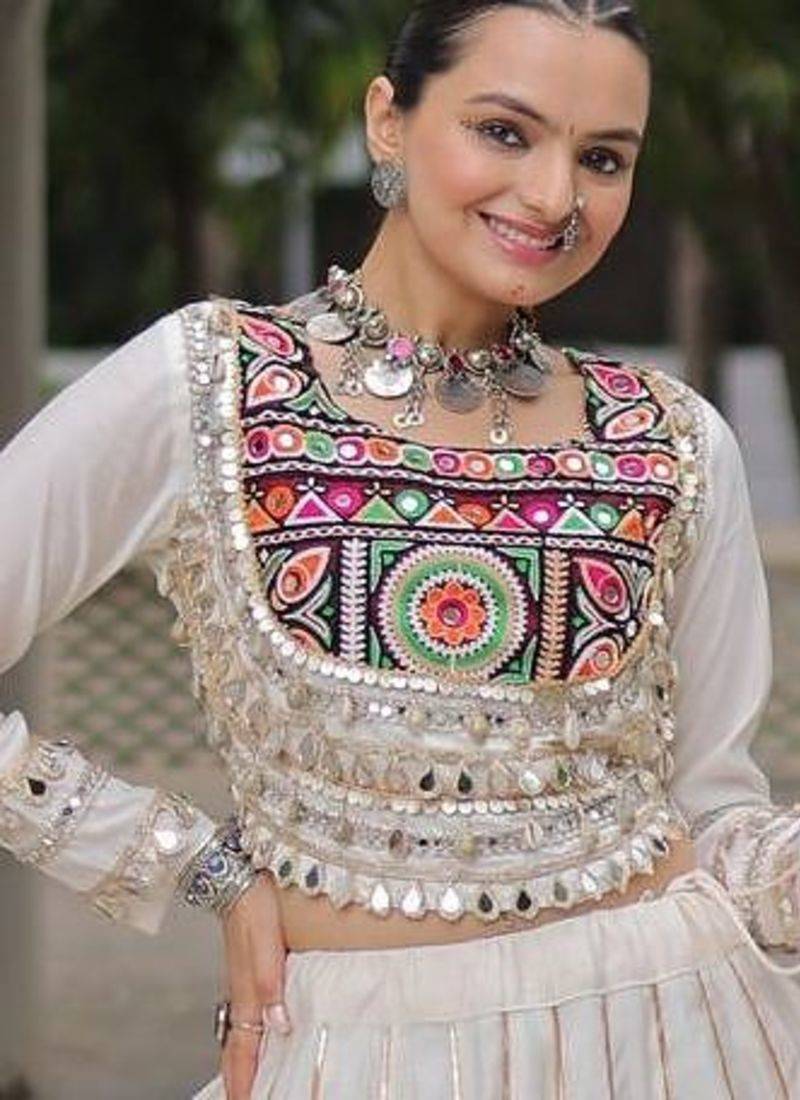 White Silk Free Size Stitched Lehenga Choli with Embroidery & Mirror Work