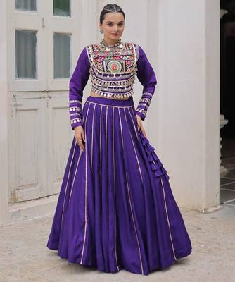 Blue Silk Free Size Stitched Lehenga Choli with Embroidery & Mirror Work 1