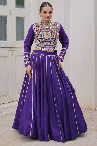 Blue Silk Free Size Stitched Lehenga Choli with Embroidery & Mirror Work