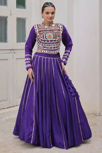 Blue Silk Free Size Stitched Lehenga Choli with Embroidery & Mirror Work