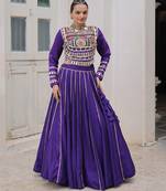 Blue Silk Free Size Stitched Lehenga Choli with Embroidery & Mirror Work