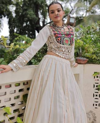 White Silk Free Size Stitched Lehenga Choli with Embroidery & Mirror Work 1