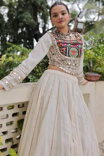 White Silk Free Size Stitched Lehenga Choli with Embroidery & Mirror Work