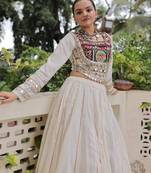 White Silk Free Size Stitched Lehenga Choli with Embroidery & Mirror Work