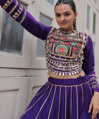 Blue Silk Free Size Stitched Lehenga Choli with Embroidery & Mirror Work 2