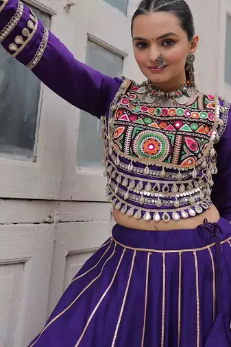 Blue Silk Free Size Stitched Lehenga Choli with Embroidery & Mirror Work