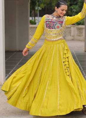 Yellow silk blend Free Size Stitched Lehenga Choli with Embroidery & Mirror Work 2
