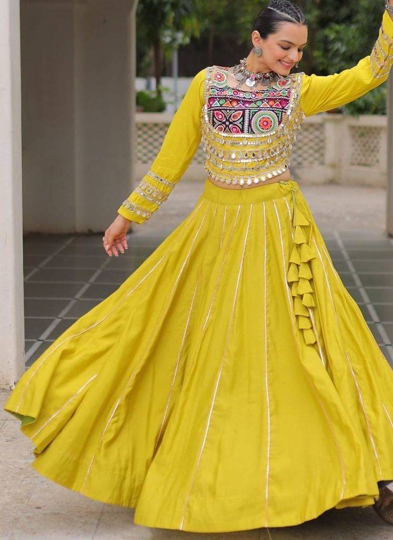 Yellow Silk Free Size Stitched Lehenga Choli with Embroidery & Mirror Work