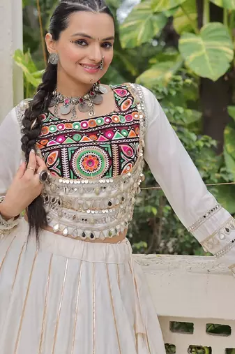 White Silk Free Size Stitched Lehenga Choli with Embroidery & Mirror Work