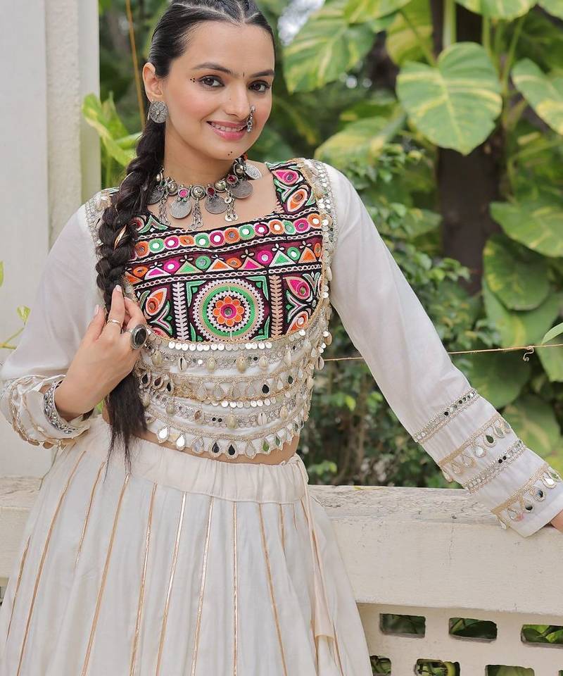 White Silk Free Size Stitched Lehenga Choli with Embroidery & Mirror Work