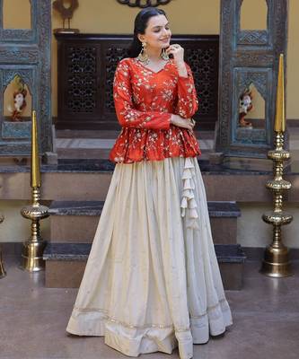 Orange Silk Free Size Stitched Lehenga Choli with Embroidery & Mirror Work 1