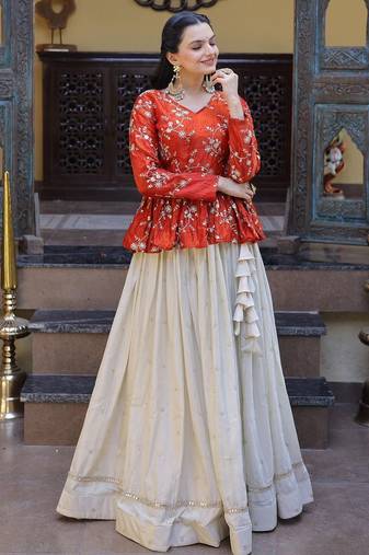 Orange Silk Free Size Stitched Lehenga Choli with Embroidery & Mirror Work