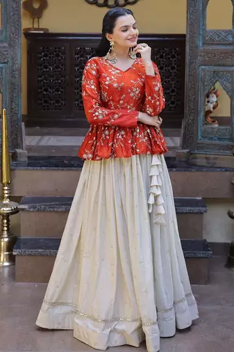 Orange Silk Free Size Stitched Lehenga Choli with Embroidery & Mirror Work