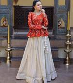 Orange Silk Free Size Stitched Lehenga Choli with Embroidery & Mirror Work