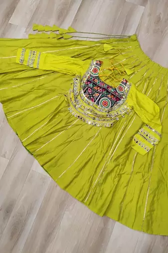 Yellow Silk Free Size Stitched Lehenga Choli with Embroidery & Mirror Work
