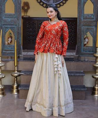Orange Silk Free Size Stitched Lehenga Choli with Embroidery & Mirror Work 2