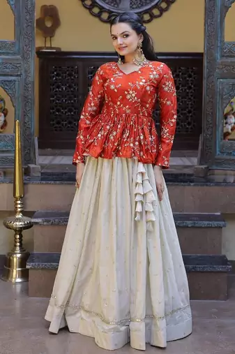 Orange Silk Free Size Stitched Lehenga Choli with Embroidery & Mirror Work
