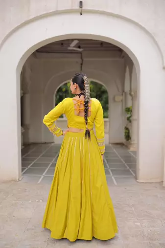 Yellow Silk Free Size Stitched Lehenga Choli with Embroidery & Mirror Work