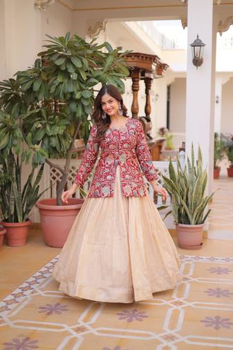Off White Silk Free Size Stitched Lehenga Choli with Embroidery & Jequard Work