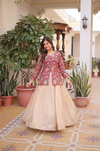Off White Silk Free Size Stitched Lehenga Choli with Embroidery & Jequard Work