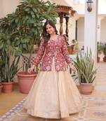 Off White Silk Free Size Stitched Lehenga Choli with Embroidery & Jequard Work
