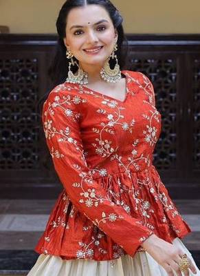 Orange Silk Free Size Stitched Lehenga Choli with Embroidery & Mirror Work 3
