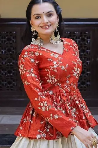 Orange Silk Free Size Stitched Lehenga Choli with Embroidery & Mirror Work