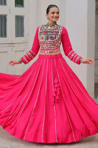 Pink Silk Free Size Stitched Lehenga Choli with Embroidery & Mirror Work