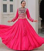 Pink Silk Free Size Stitched Lehenga Choli with Embroidery & Mirror Work