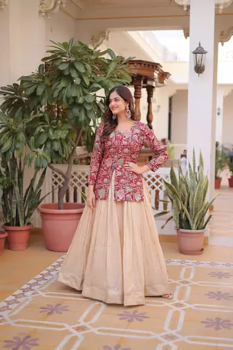 Off White Silk Free Size Stitched Lehenga Choli with Embroidery & Jequard Work