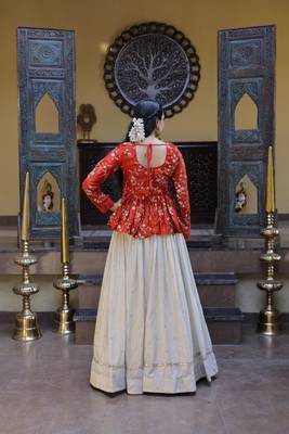 Orange Silk Free Size Stitched Lehenga Choli with Embroidery & Mirror Work 4