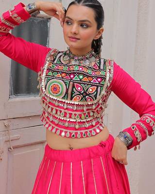 Pink silk blend Free Size Stitched Lehenga Choli with Embroidery & Mirror Work 2