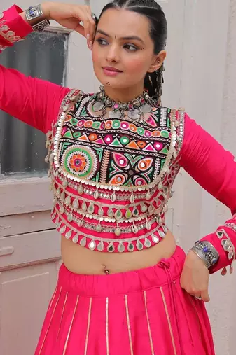 Pink Silk Free Size Stitched Lehenga Choli with Embroidery & Mirror Work