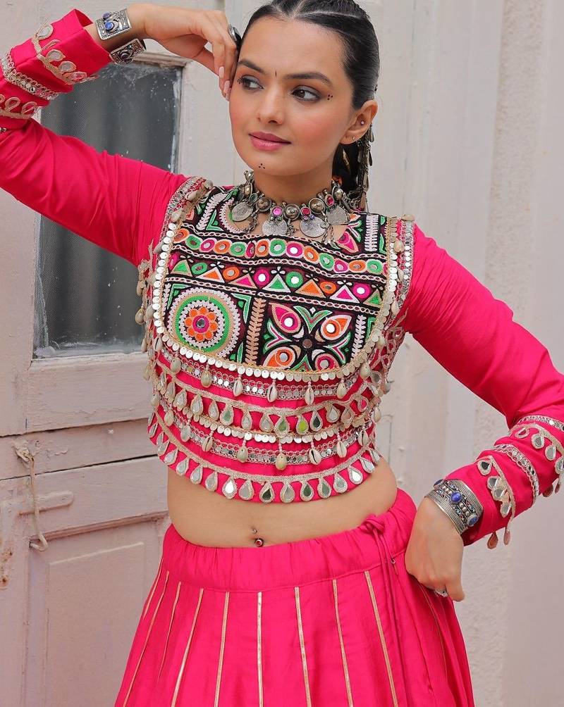 Pink Silk Free Size Stitched Lehenga Choli with Embroidery & Mirror Work