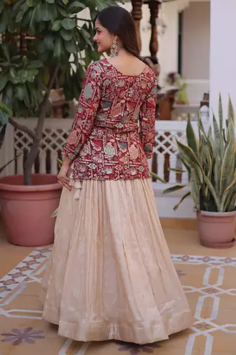 Off White Silk Free Size Stitched Lehenga Choli with Embroidery & Jequard Work
