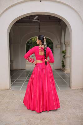 Pink silk blend Free Size Stitched Lehenga Choli with Embroidery & Mirror Work 4