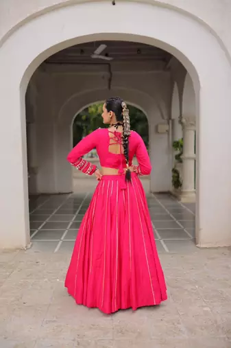 Pink Silk Free Size Stitched Lehenga Choli with Embroidery & Mirror Work