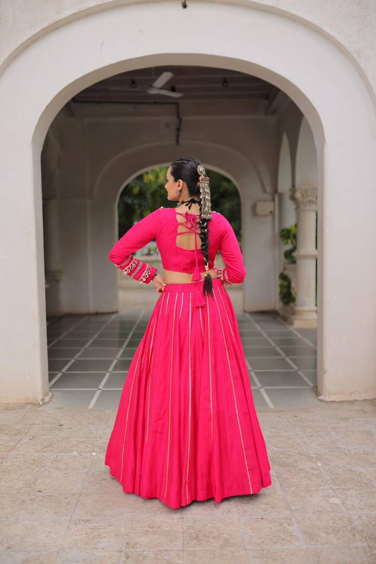 Pink Silk Free Size Stitched Lehenga Choli with Embroidery & Mirror Work