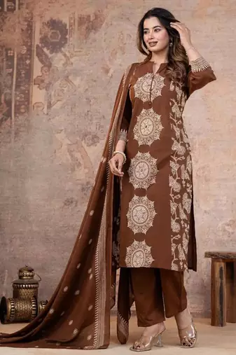 Cotton cambric printed straight kurti-pant-dupatta set