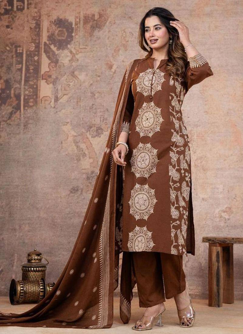 Cotton cambric printed straight kurti-pant-dupatta set