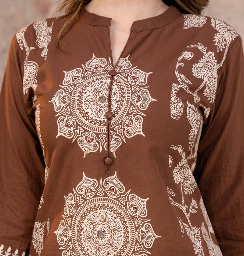 Cotton cambric printed straight kurti-pant-dupatta set