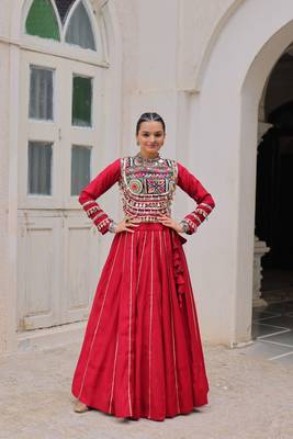 Red Silk Free Size Stitched Lehenga Choli with Embroidery & Mirror Work 1