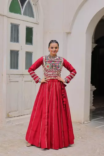 Red Silk Free Size Stitched Lehenga Choli with Embroidery & Mirror Work