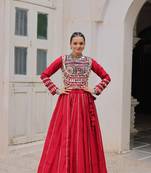 Red Silk Free Size Stitched Lehenga Choli with Embroidery & Mirror Work