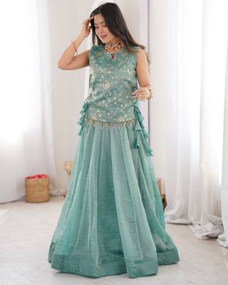 Blue Silk Free Size Stitched Lehenga Choli with Embroidery & Pearl Work 1